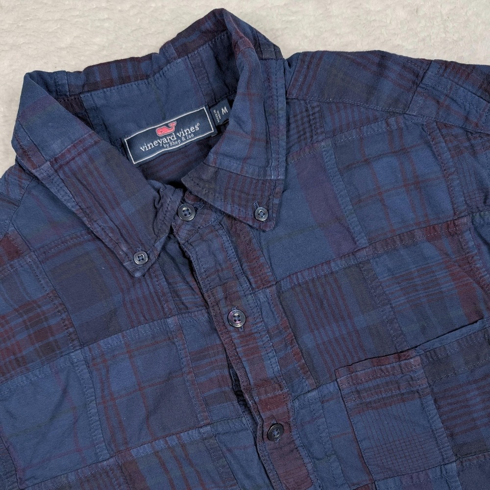 Vineyard Vines Shirt Mens Medium‎ Blue Patchwork Plaid Popover SS Button Up